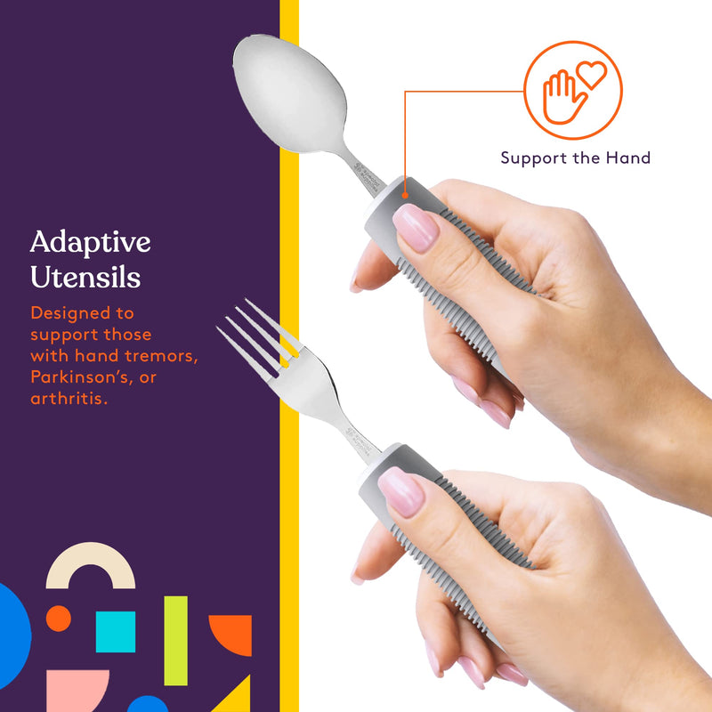 [Australia] - Special Supplies Adaptive Utensils (5-Piece Kitchen Set) Wide, Non-Weighted, Non-Slip Handles for Hand Tremors, Arthritis, Parkinson’s or Elderly Use - Stainless Steel Knives, Fork, Spoons - Grey 