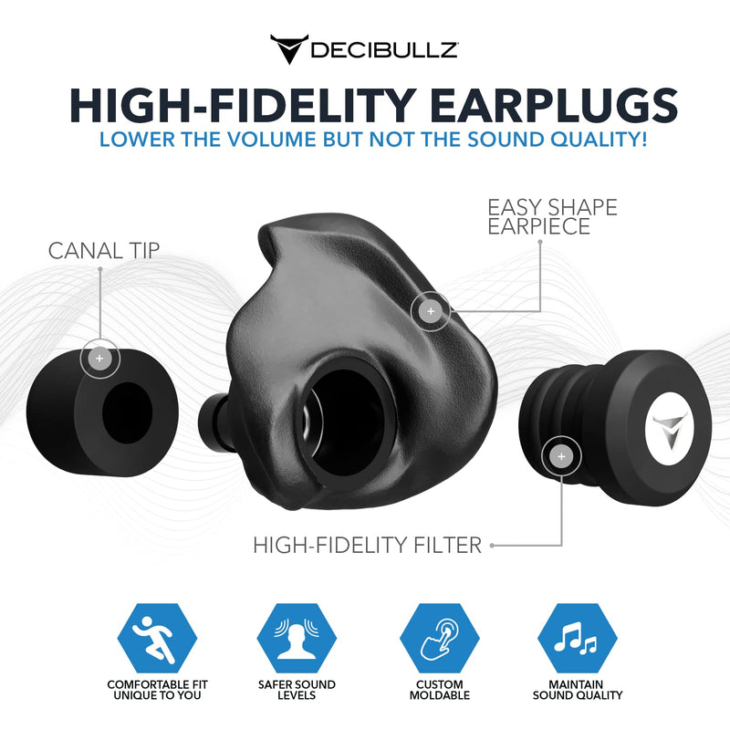 [Australia] - Decibullz Custom-Molded High Fidelity Earplugs, Hearing Protection for Concerts, Musicians, Drummers, and The Sensory Disorders, Black 