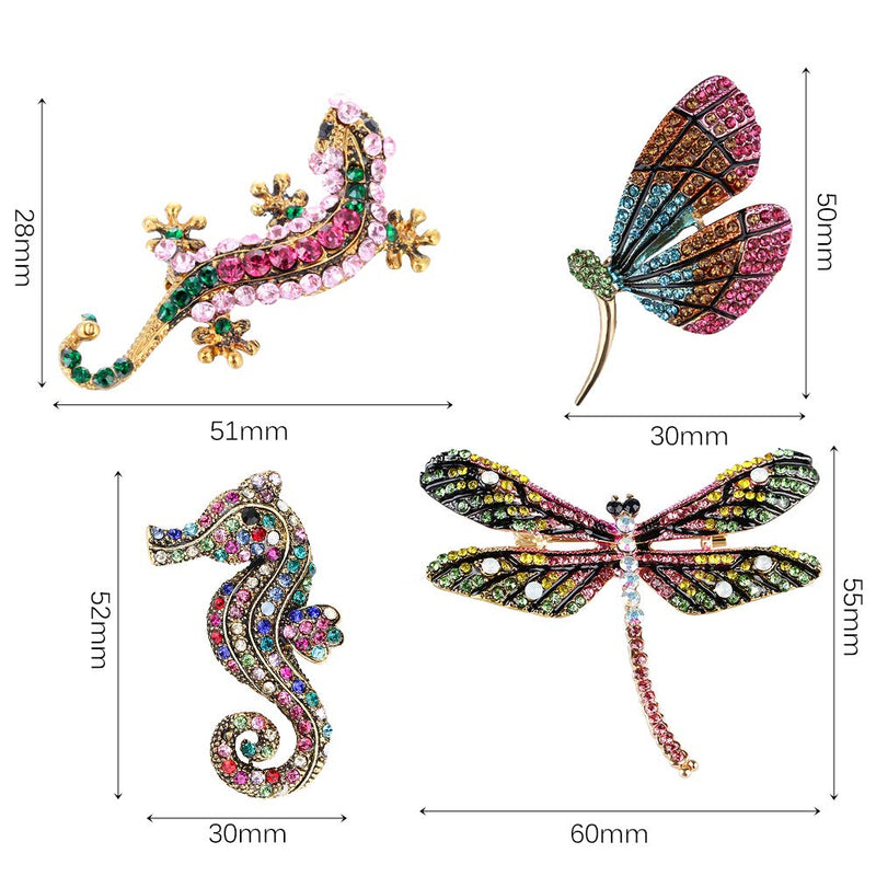 [Australia] - 4 Pieces Fashion Colorful Enamel Brooch Pins Animals Brooch Pins Crystal Rhinestone Butterfly Seahorse Dragonfly Lizard Brooch Pins for for Women Ladies Jewelry 