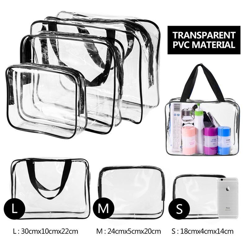 [Australia] - 3Pcs Crystal Clear Cosmetic Bag TSA Air Travel Toiletry Bag Set with Zipper Vinyl PVC Make-up Pouch Handle Straps for Women Men, Roybens Waterproof Packing Organizer Storage Diaper Pencil Bags Black 