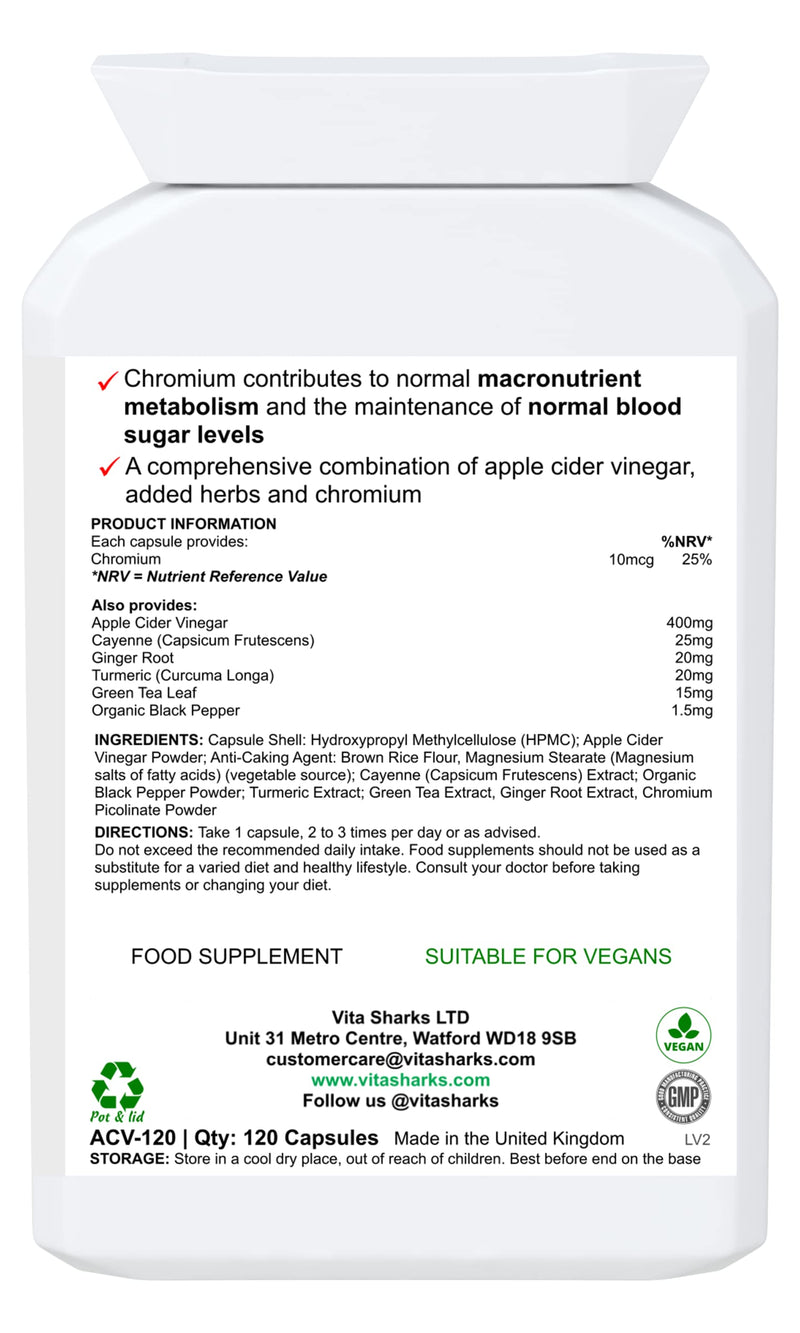 [Australia] - VitaDiet Apple Cider Vinegar with Chromium for a Healthy Metabolism, Natural Immune, Appetite, Slimming & Weight Reduction (120 Vegan Capsules) 