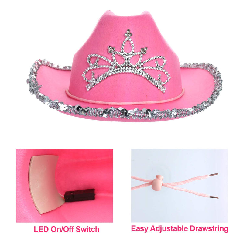 [Australia] - GIFTEXPRESS 2 Pcs CHILD LED Blinking Pink Tiara Cowboy hat - CHILD SIZE 