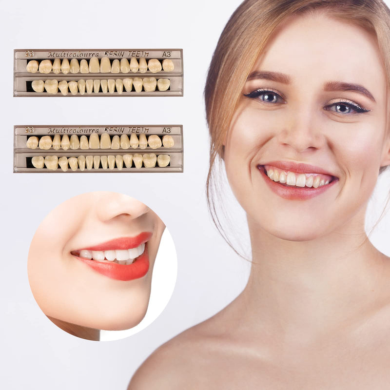 [Australia] - 56 Pcs False Teeth Dental Complete Acrylic Resin Denture Teeth, 2 Set Whole Teeth Synthetic Polymer Denture Tooth, 23 Shade A3 Upper + Lower Dental Materials for Replacement, DIY, or Halloween 
