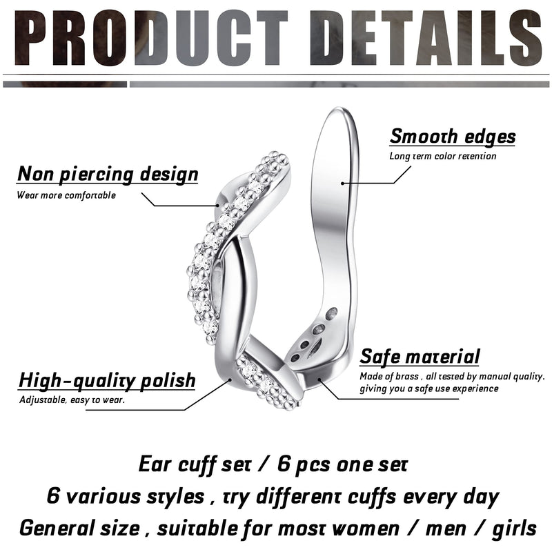 [Australia] - Milacolato 6 pcs Ear Cuff Set Dainty Helix Cartilage Cuff Earrings Sparkling Non-Piercing Adjustable Huggie Ear Cuff for Women Teen Girls Wrap Clip On Earrings Silver 