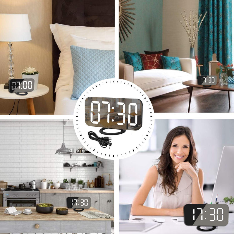 [Australia] - Digital Clock Large Display, LED Alarm Electric Clocks Mirror Surface for Makeup with Diming Mode, 3 Levels Brightness, Dual USB Ports Modern Decoration for Home Bedroom Decor-Black Black-white 