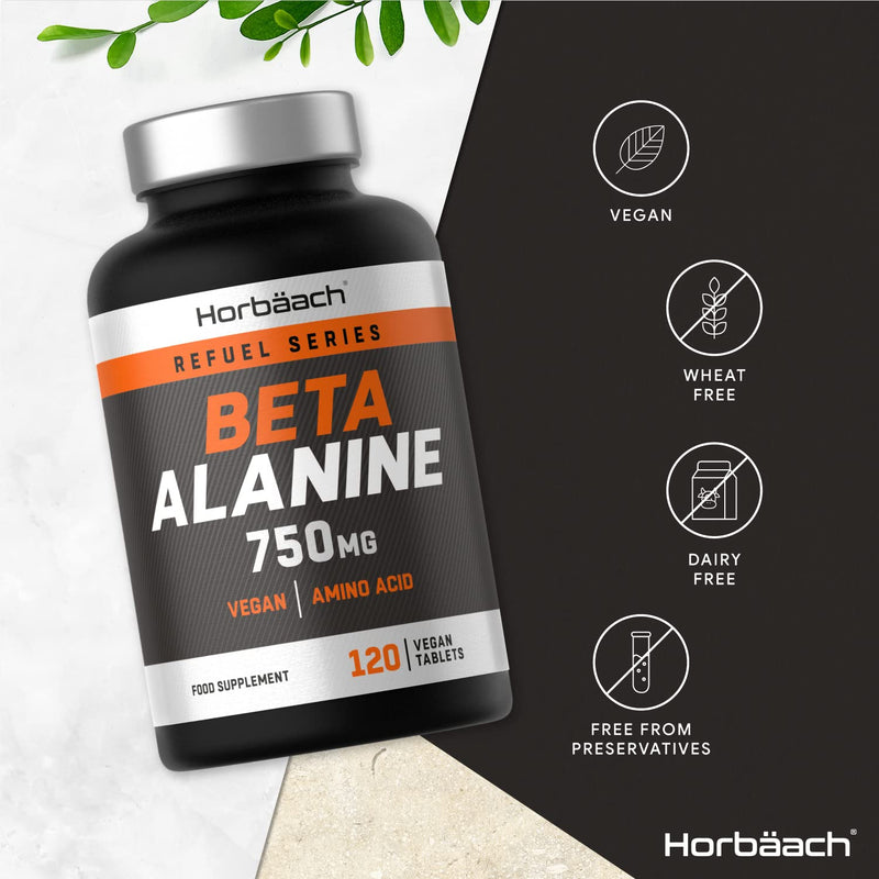 [Australia] - Beta Alanine 750mg | 120 Vegan Tablets | Premium Amino Acid Supplement for Men & Women | Non-GMO, Gluten Free | No Artificial Preservatives | by Horbaach 