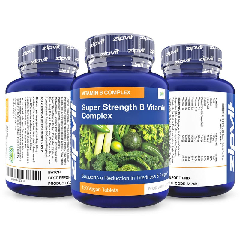 [Australia] - Super Strength B Vitamin Complex, 120 Vegan Tablets. 4 Months Supply. Vitamin B1, B2, B3, B5, B6, B12, Biotin, Choline. Supports Focus, Mental Performance, and Energy. UK Supplier. 