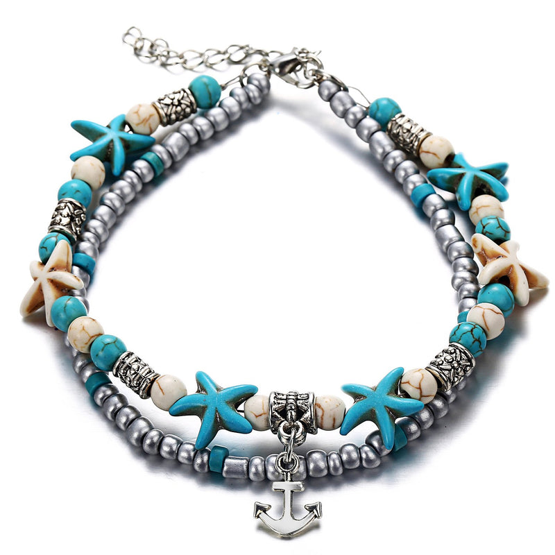 [Australia] - 3 pcs Set Simulated Turquoise Blue Starfish Multilayer Yoga Beach Anklets Bracelet Boho Foot Jewelry for Women Teen Girls Y811 Style-1 