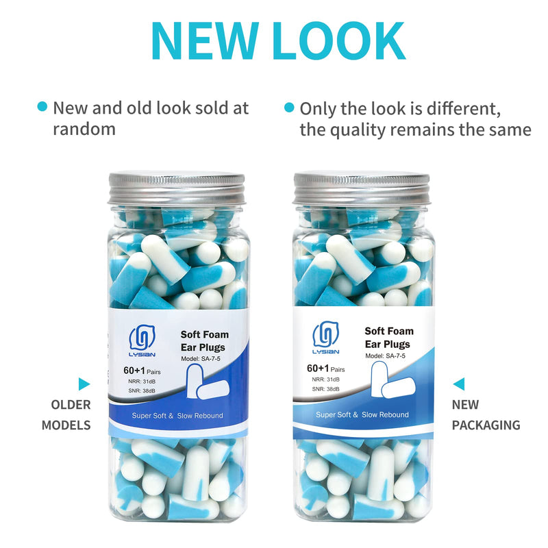 [Australia] - Soft Foam Earplugs 60 Pairs, 38dB SNR Comfortable Ear Plugs for Sleeping, Snoring, Shooting, Mowing, and All Loud Noise by Lysian, Light Blue/White 