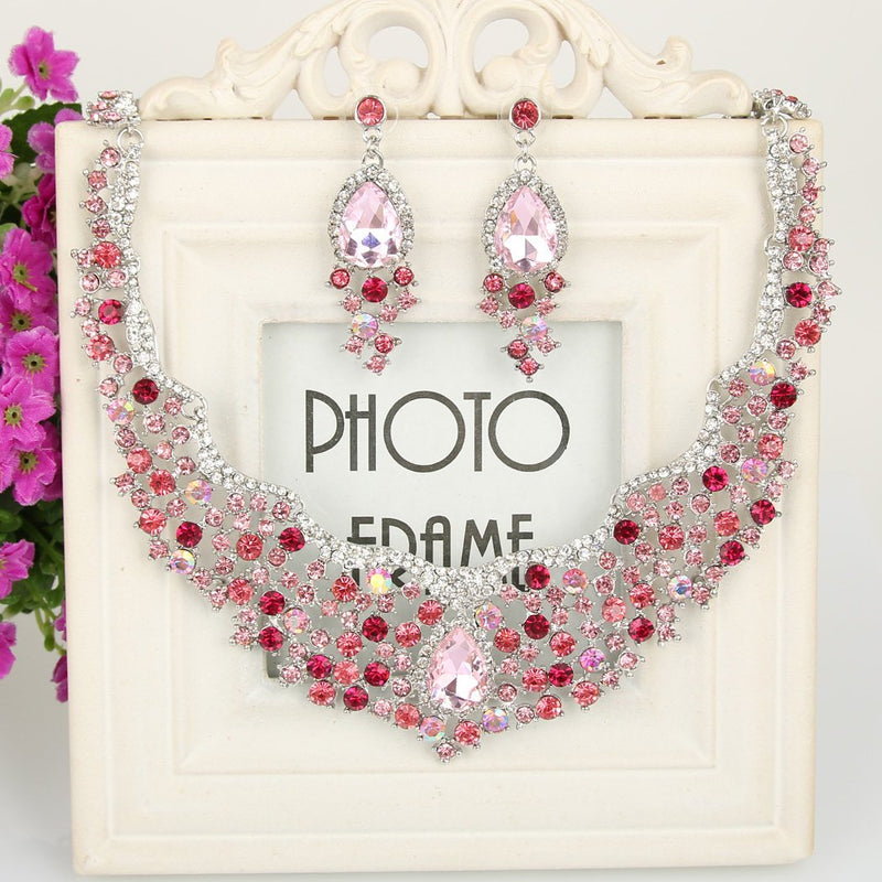 [Australia] - EVER FAITH Women's Austrian Crystal Flower Cluster Teardrop Necklace Earrings Set Pink Silver-Tone 