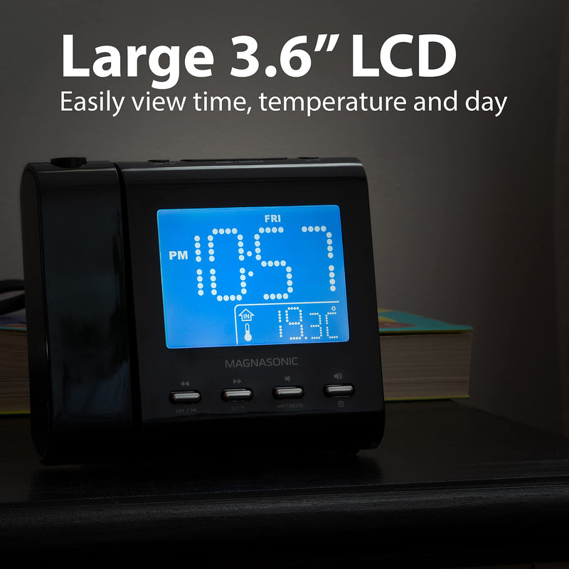 [Australia] - Magnasonic Projection Alarm Clock with AM/FM Radio, Battery Backup, Auto Time Set, Dual Alarm, Nap/Sleep Timer, Indoor Temperature/ Date Display with Dimming & 3.5mm Audio Input - White (EAAC601W) White Body 