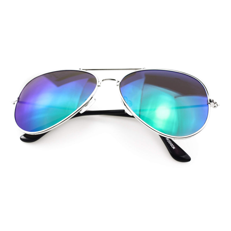 [Australia] - WODISON Classic Kids Aviator Sunglasses Reflective Metal Frame Children Eyeglass Silver Frame Blue Mix Green Lens 