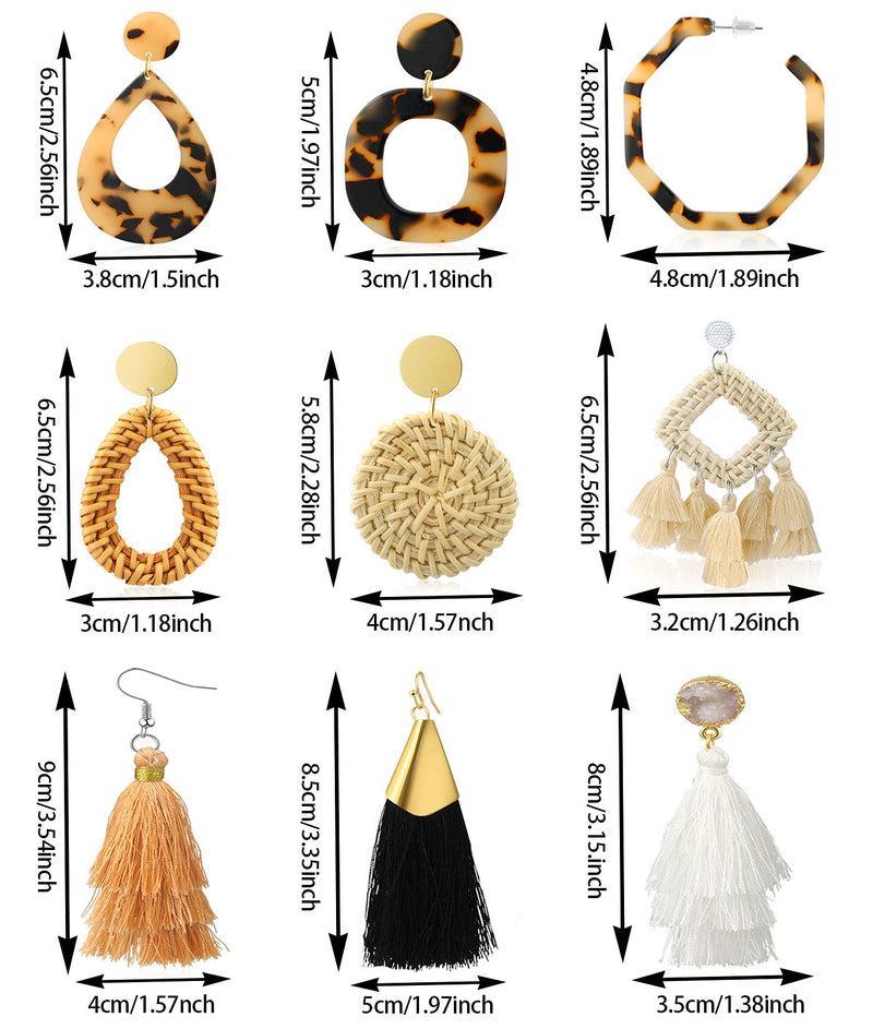 [Australia] - Honsny 9 Pairs Rattan Earrings for Women Geometric Statemen Tassel Woven Bohemian Earrings Acrylic Hoop Drop Dangle Earrings 