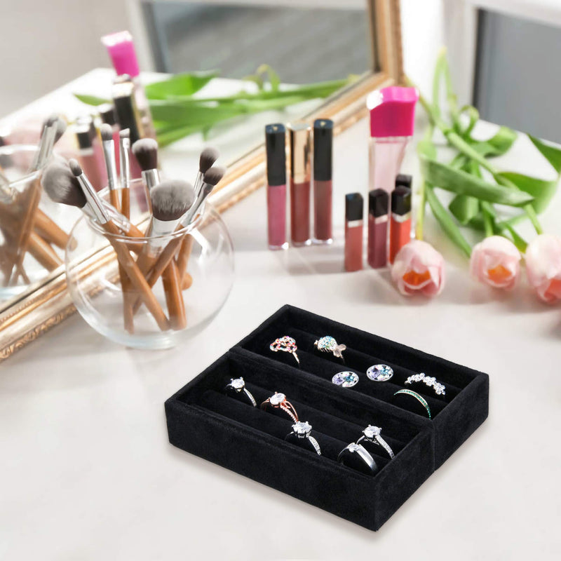 [Australia] - DesignSter Small Ring Organizer - Set of 2 Premium Velvet Rings Earrings Display Tray Storage Insert Holder for Jewelry Box, Drawer, Dresser （Black） (Black Ring Holder) Black Ring Holder 