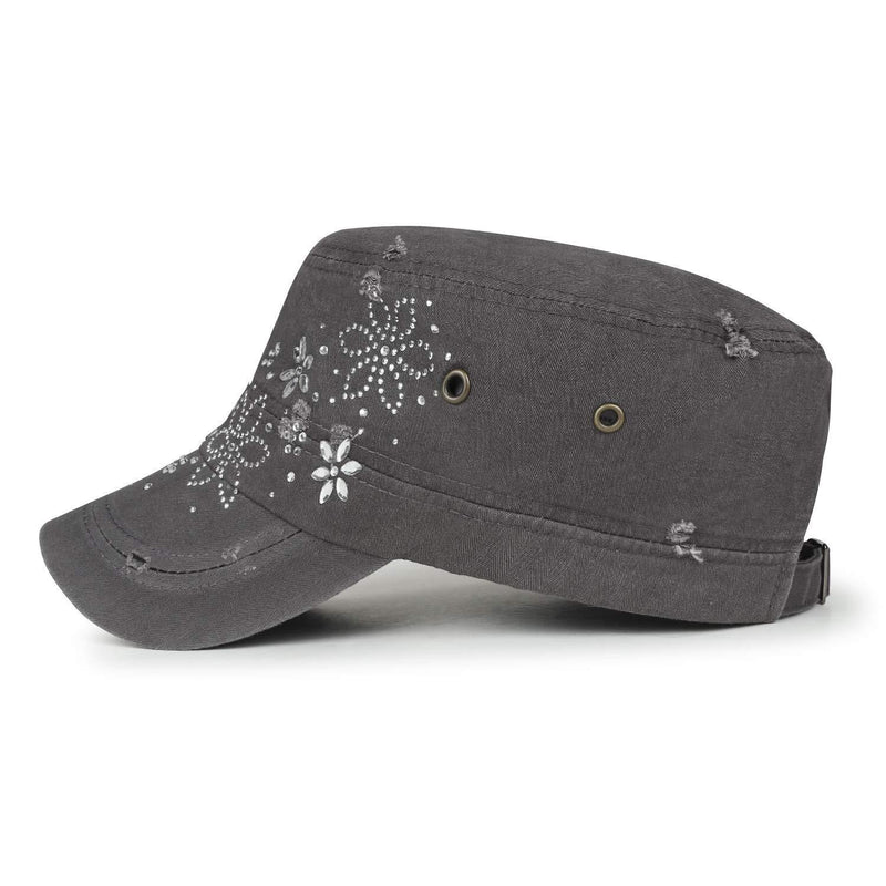 [Australia] - ililily Crystal Gemstone Stud Flower Vintage Cotton Military Army Hat Cadet Cap L Charcoal Grey 