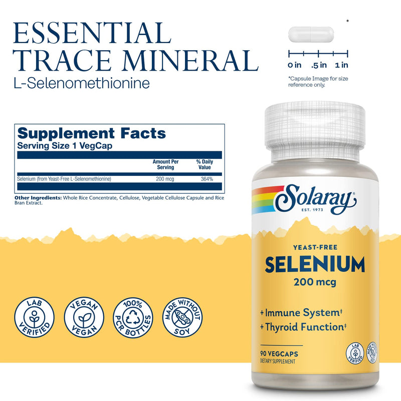 [Australia] - Solaray Selenium 200, No Yeast 200mcg | Healthy Immune, Thyroid Function, Antioxidant Support | High Absorption Formula | Vegan & Non-GMO | 90ct 