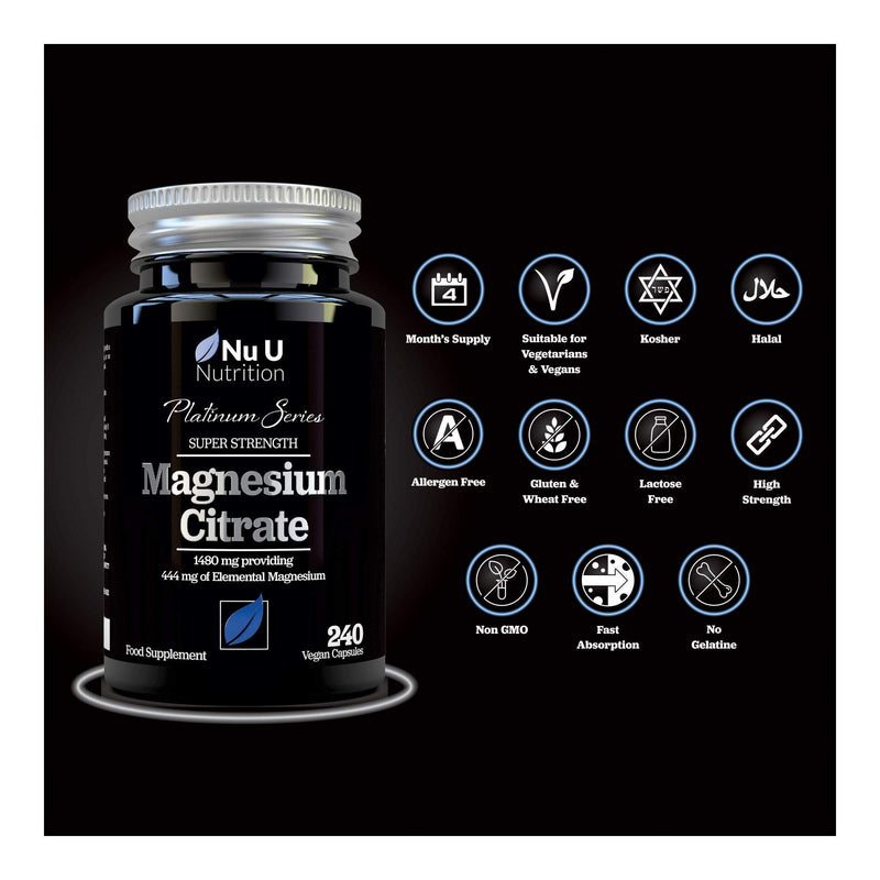 [Australia] - Magnesium Citrate 1480mg - 240 Vegan Capsules - 4 Month Supply - Providing 444mg Elemental Magnesium - Magnesium Capsules not Magnesium Tablets - High Strength Magnesium Supplement 