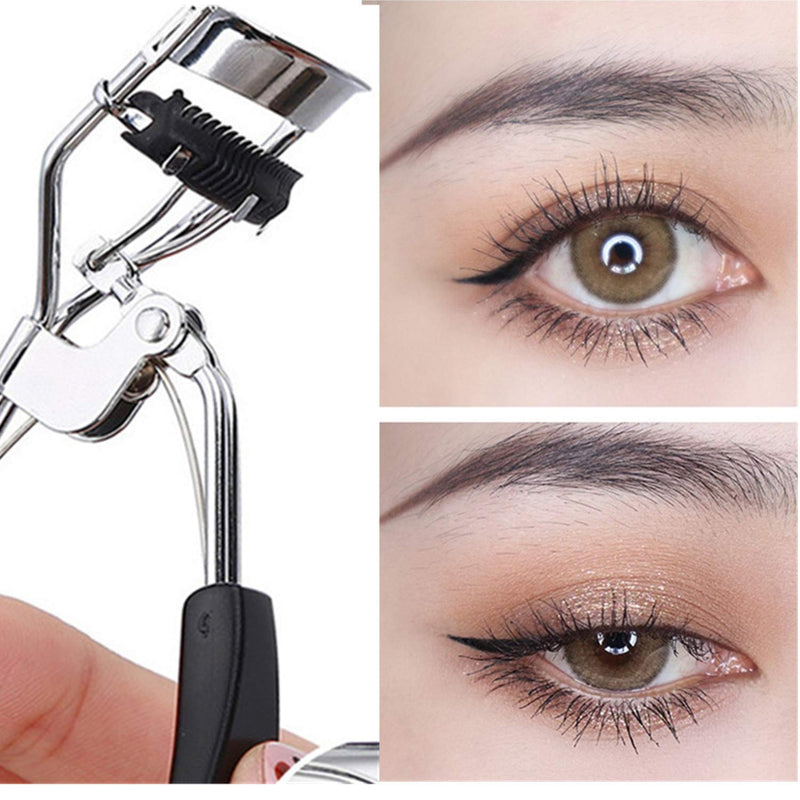 [Australia] - Stainless Steel Eyelash Curler With Built-in Comb Pinch Pain-Free Suitable for Any Eye Shapes and Sizes, With 5 Silicone Refill Pad (Black) Black 