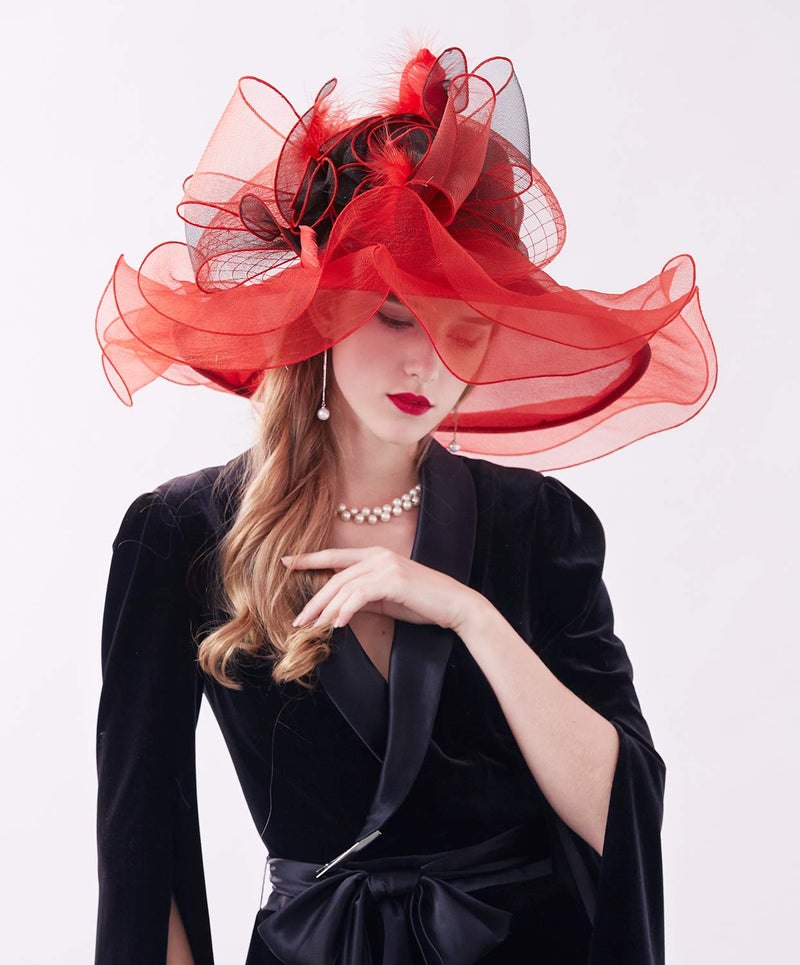 [Australia] - Z&X Women's Kentucky Derby Church Hat Organza Wide Brim Ruffle Fasciantor Hats for Wedding Tea Party with Clip, Dual-use 02d Red and Black 