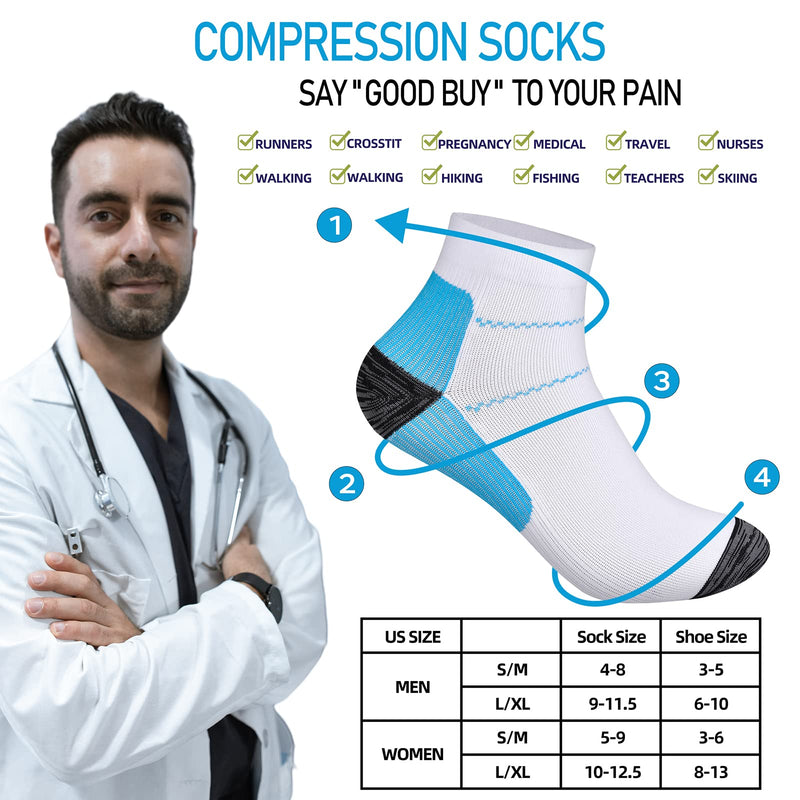 [Australia] - 6 Pairs Compression Socks for Men & Women Plantar Fasciitis Socks Low Cut Sports Socks Athletic Socks S-M 3 Black+3 Blue 