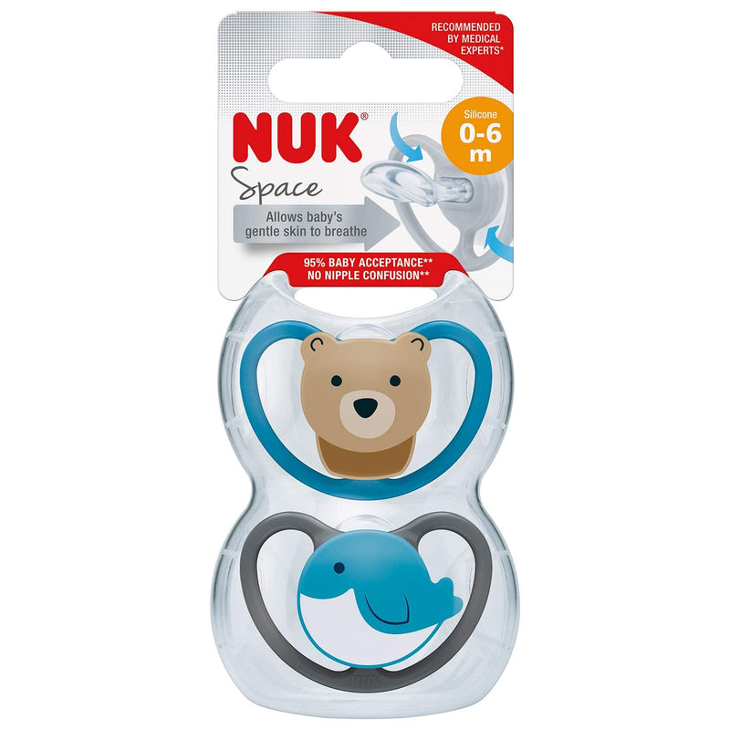 [Australia] - NUK Space Baby Dummy, 0-6 Months, Silicone, Bear and Whale, 2 Count Bear & Whale 2 Count (Pack of 1) 