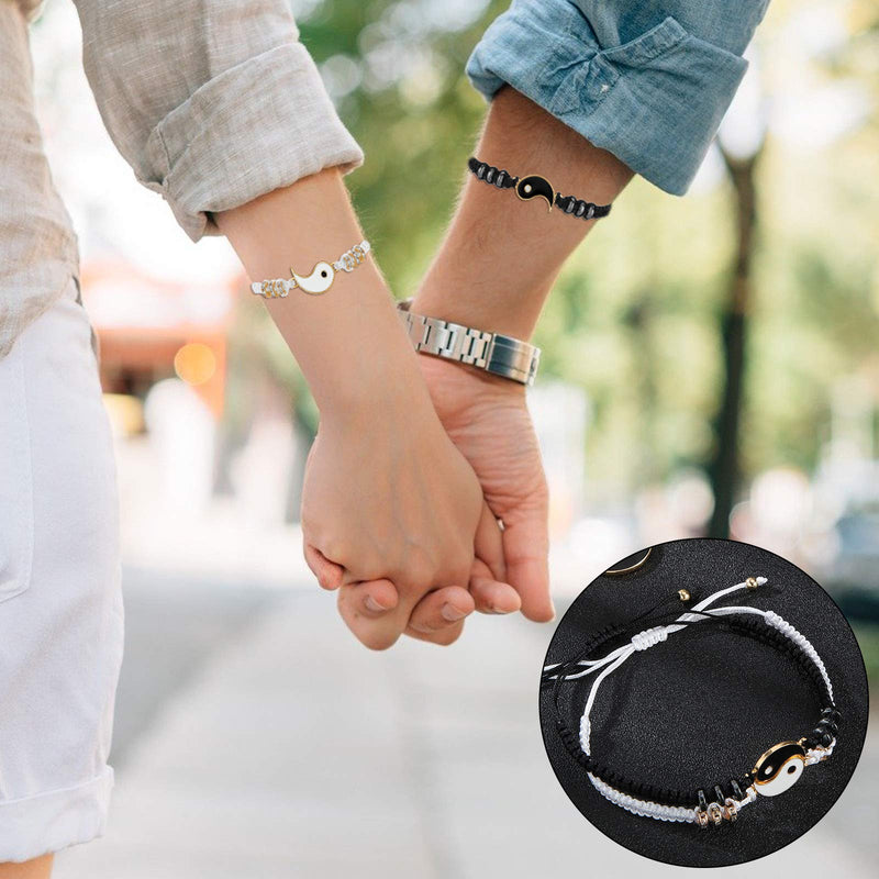 [Australia] - Hicarer Yin Yang Friend or Couple Bracelet with Necklace Set, 2 Pieces Matching Yin Yang Adjustable Cord Bracelet, 2 Pieces Yin Yang Couple Pendant Necklace Chain for Friendship Boyfriend Girlfriend Gold 