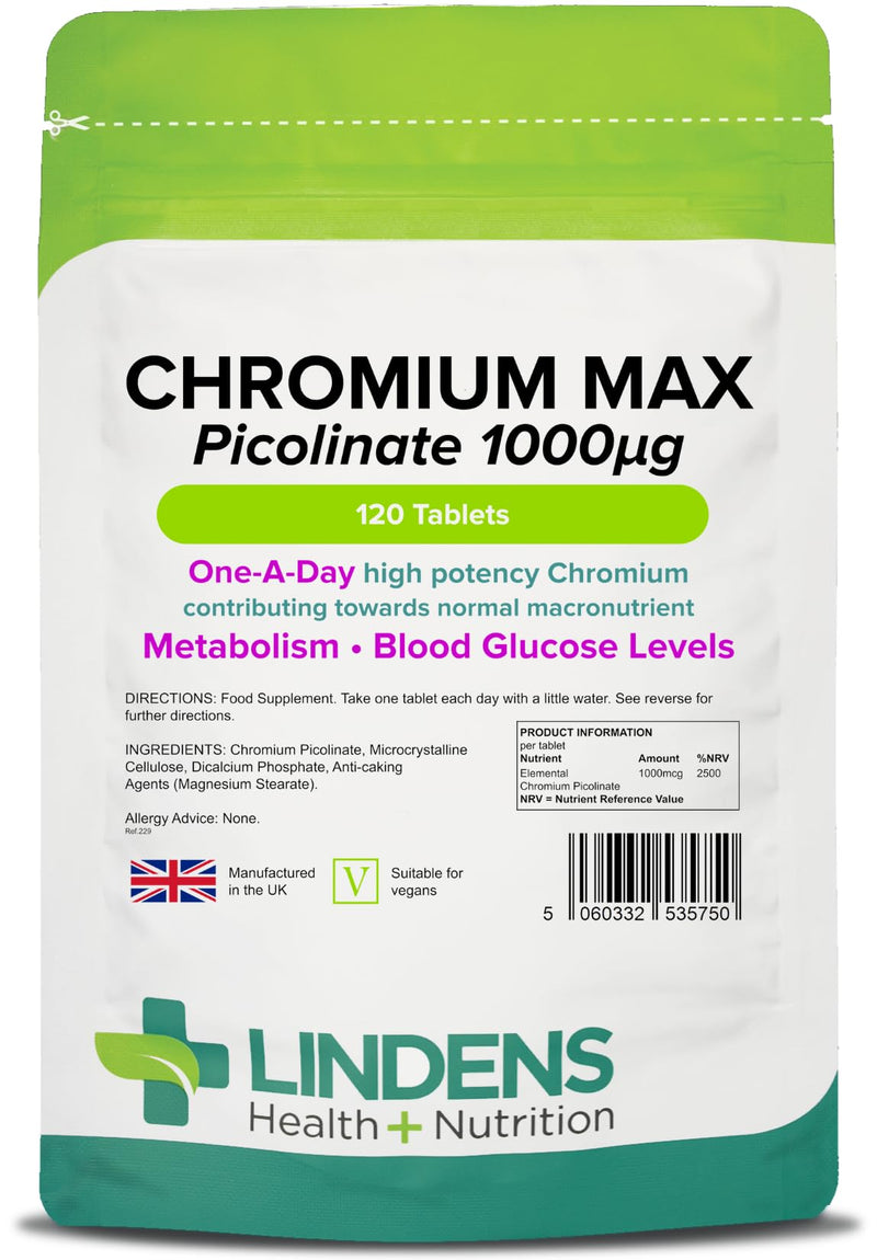 [Australia] - Lindens Chromium Max 1000mcg Picolinate - 120 Tablets | Detox, Metabolism, Blood Glucose, | Mega Potency (2500% NRV) | 4 Months Supply, UK Manufacturer, Letterbox Friendly, Vegan 