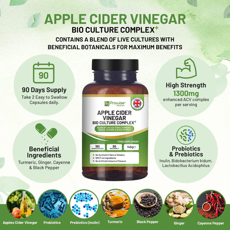 [Australia] - Apple Cider Vinegar with Bio Cultures Complex 1300mg - 180 Capsules I Made in UK by Prowise Healthcare 