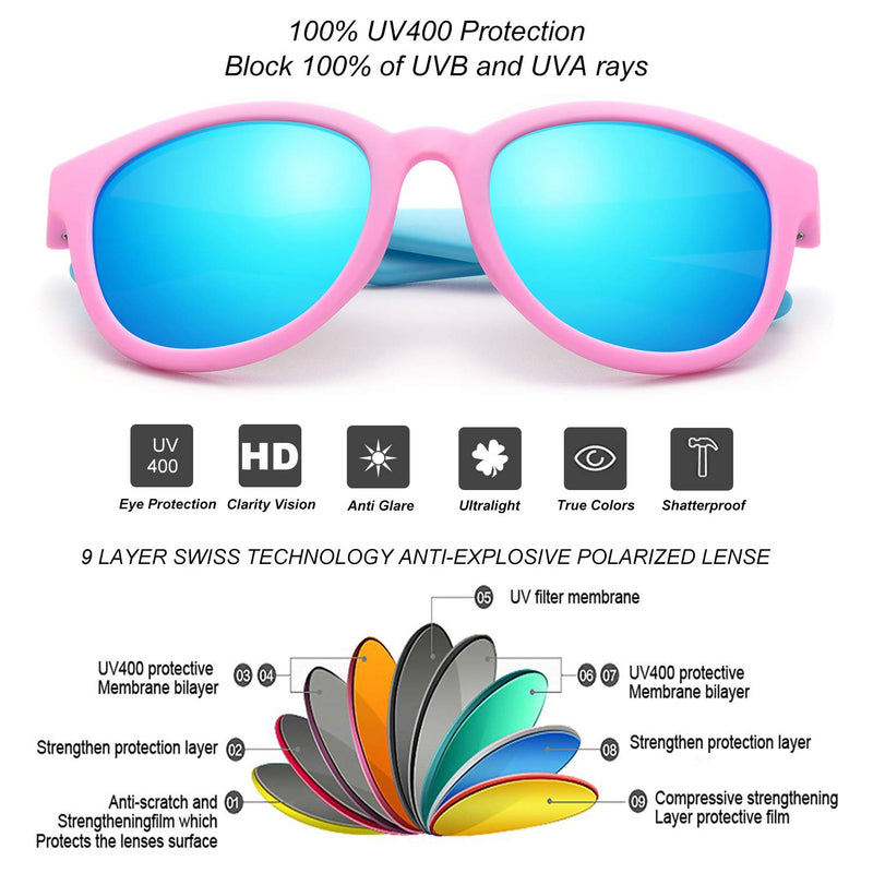 [Australia] - Kids Sunglasses Polarized TPEE Rubber Flexible Frame 100% UV Protection Shades for Boys Girls Age 5-13 A-bright Pink/Blue Frame|blue Revo Lense 