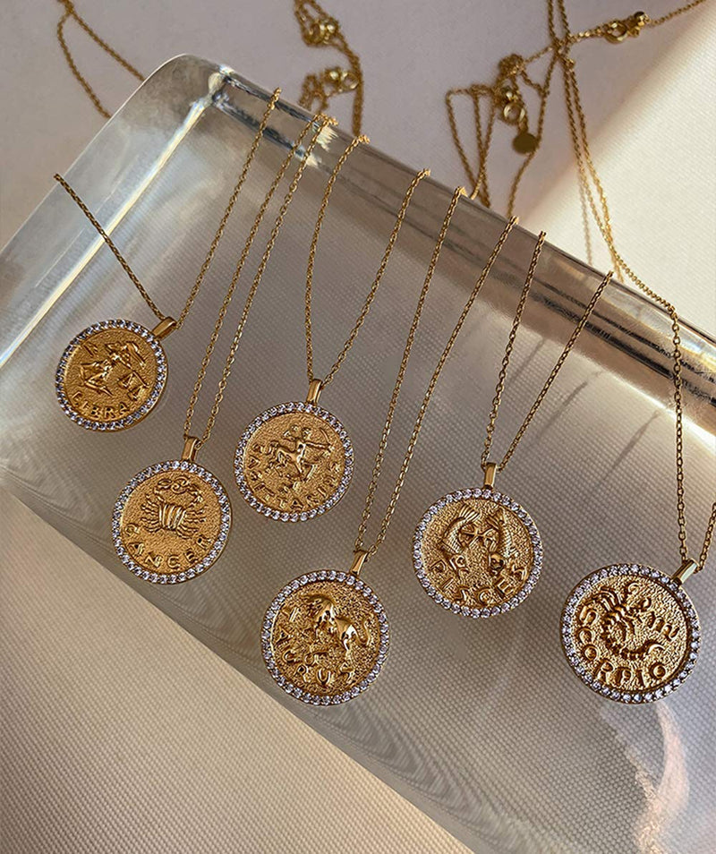 [Australia] - ACC PLANET Constellation Necklace Pendant 14K Gold-Plated Hammered Round Disc Engraved Zodiac Sign Pendant 16.9’’ Adjustable Dainty Necklace Gemini 