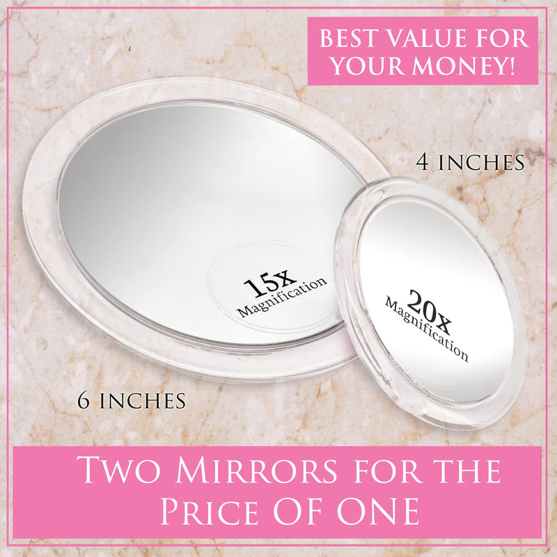 [Australia] - 20X & 15X Magnifying Mirror Combo Set with 3 Stick On Suction Cups For Makeup and Tweezing Eyebrows - Compact Handheld Design & Travel Ready - Extremely Strong X20 Zoom - 15cm & Small 10cm Diameter 