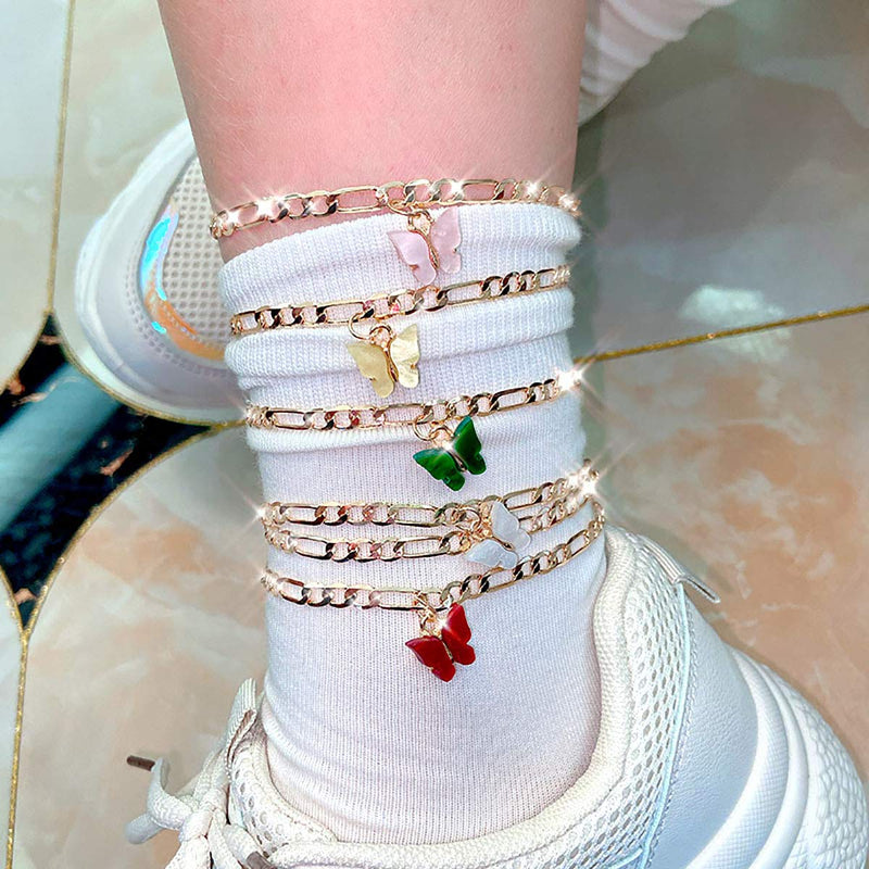 [Australia] - Butterfly Ankle Bracelets For Women Gold Butterfly Anklet Simple Cherry Cute Anklets Double Figaro Chain Ankle Bracelet Boho Summer Beach Foot Jewelry 12-24 Pieces butterfly-12pcs 