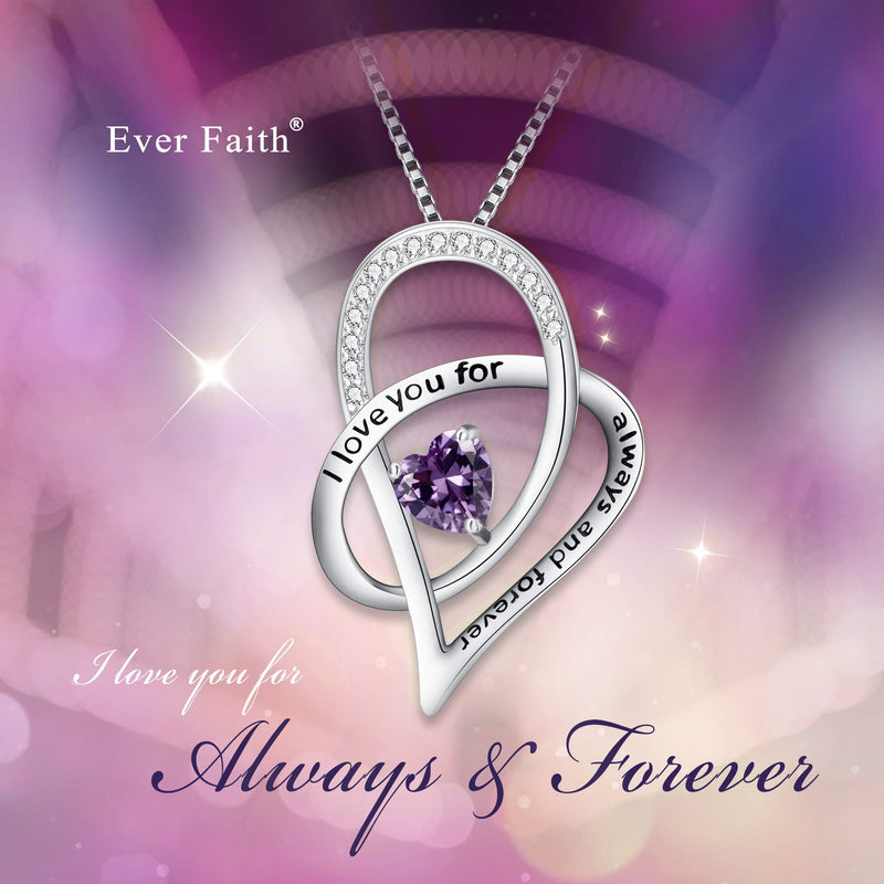 [Australia] - EVER FAITH Women's 925 Sterling Silver Zircon"I love you for always and forever" Heart Pendant Necklace Purple 