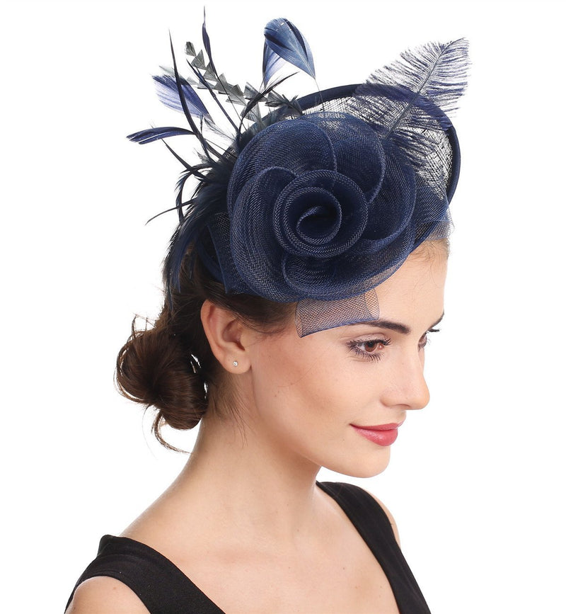 [Australia] - Sinamay Flower Feather Headband Fascinator Wedding Headwear Ladies Race Royal Ascot Pillbox Wedding Cocktail Tea Party Derby Hat for Women A4-navy Sinamay 