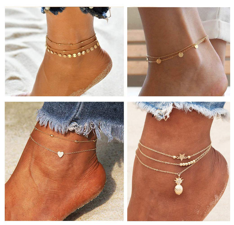 [Australia] - KOHOTA 20Pcs Ankle Bracelets for Women Silver Gold Anklet Set Boho Anklets Bracelets Layered Adjustable Chain Beach Barefoot Foot Jewelry Gold color 