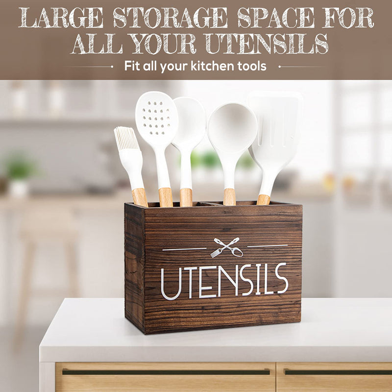 [Australia] - PUERSI Wooden Kitchen Utensil Holder, Utensil Organizer for Countertop, Rustic Wood for Farmhouse Kitchen Decor, Farmhouse Utensil Caddy with 2 Compartments (Brown) 