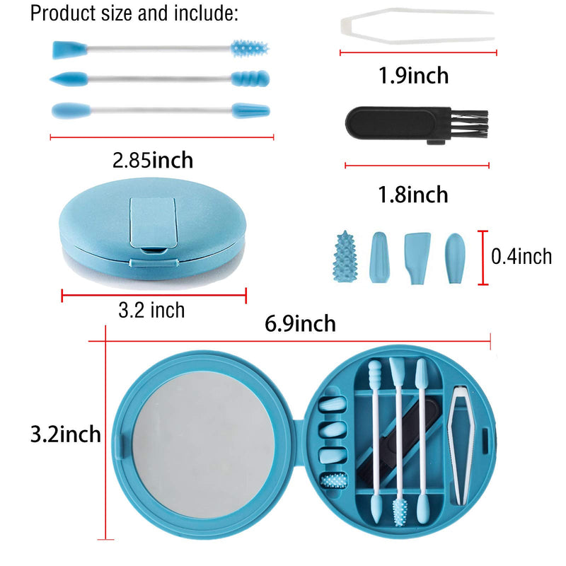 [Australia] - Strogem Reusable Cotton Swabs with 1 Mirror for Makeup Application and Cleaning, Multifunctional Portable Washable Silicone Q-Tip (Blue) Blue 