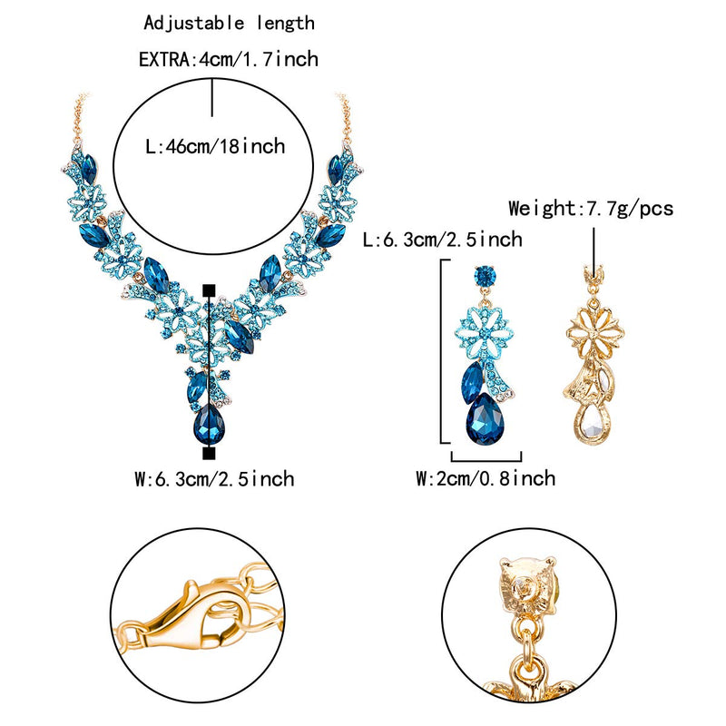 [Australia] - Flyonce Women's Crystal Jewelry Set, Flower Teardrop Necklace Earrings Set for Wedding Bridal Sea Blue Gold-Tone 