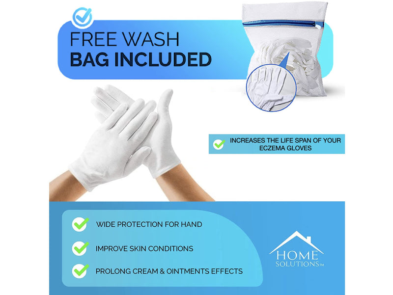 [Australia] - Home Solutions™ White Cotton Gloves for Eczema | 8 Pairs | Free Wash Bag | Hand Moisturising Gloves, White Cotton Gloves for Dry Hands, Eczema Gloves, White Gloves, Exfloitants Gloves 