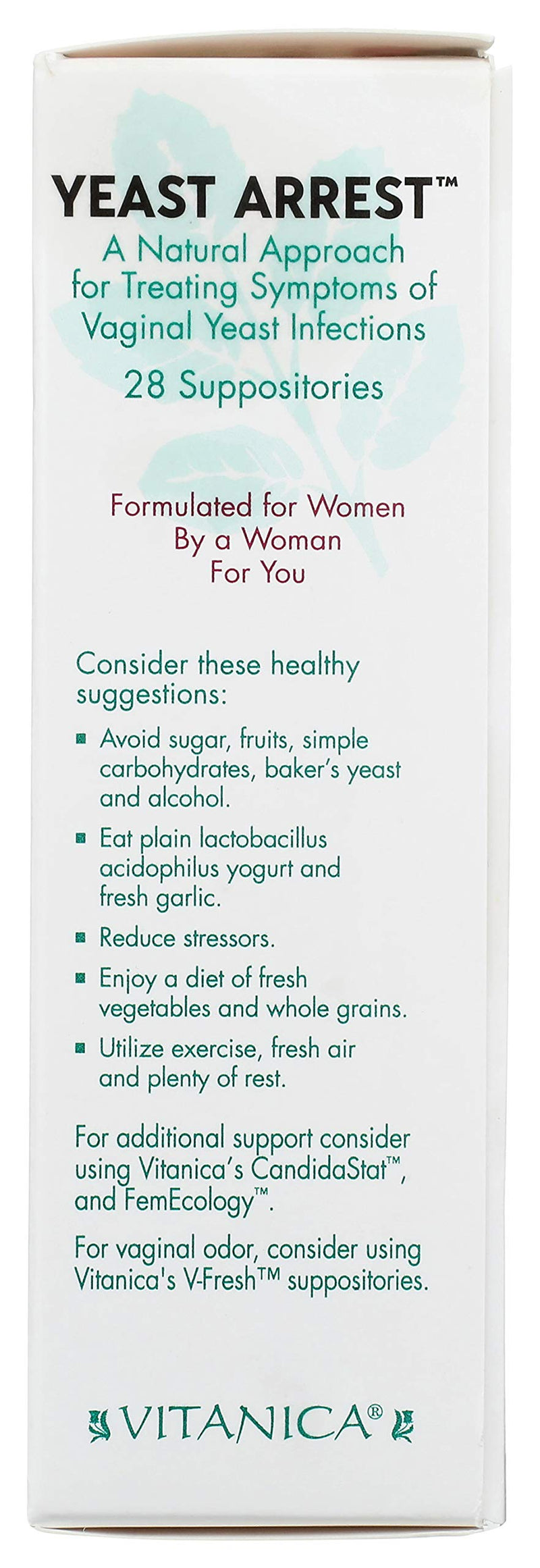 [Australia] - Vitanica Yeast Arrest, Homeopathic Vaginal Suppositories, for Yeast Infection Symptoms, Relieves Burning, Itching & Discharge, with Boric Acid, Tea Tree Oil & Probiotics, Vegan, 28 Count 