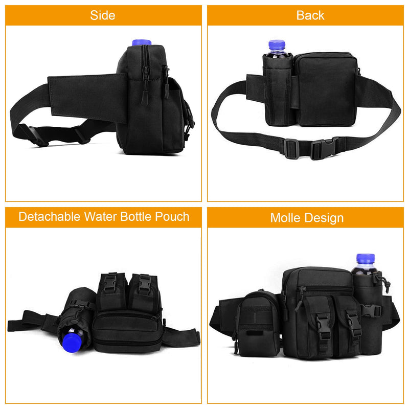 [Australia] - HUNTVP Tactical Waist Pack Bag with Water Bottle Pouch Molle Fanny Bag Bumbag Waist Bag for Dog Walking Running Hiking Travel Outdoors Black 