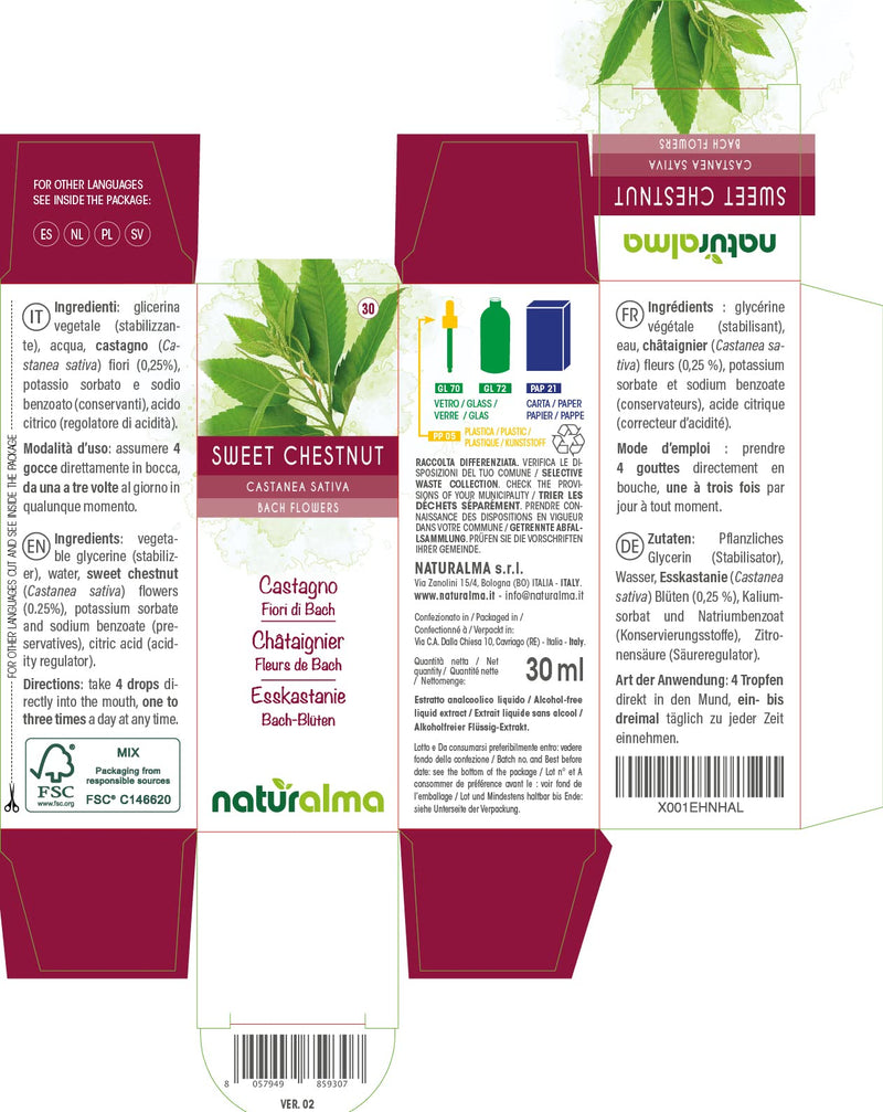 [Australia] - Sweet Chestnut (Castanea Sativa) Naturalma Bach Flowers | No. 30 | Drops 30 ml | Alcohol-Free Liquid Extract | Flower essences | Vegan and Without Alcohol 