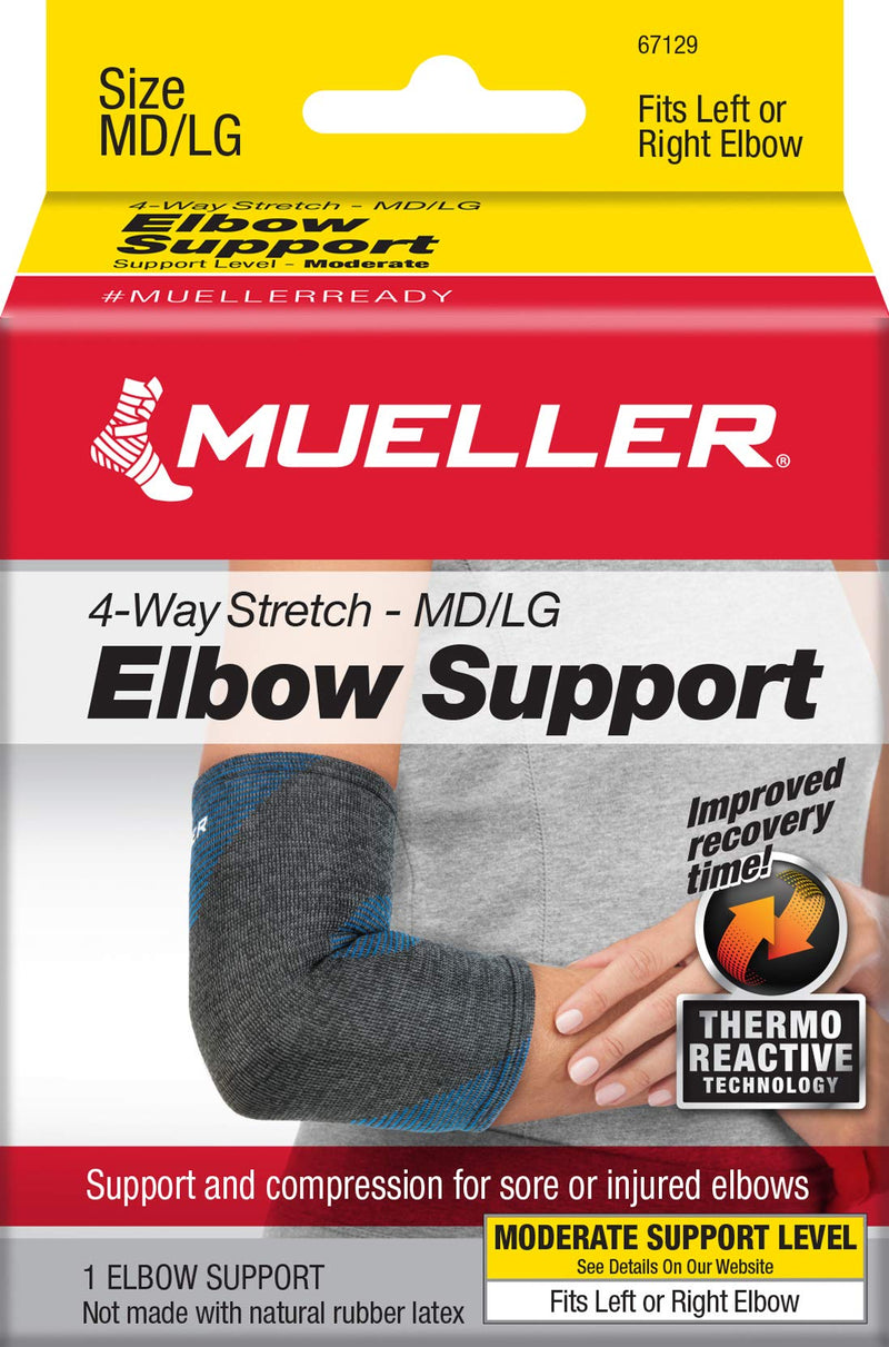 [Australia] - Mueller Sports Medicine 4-Way Stretch Premium Knit Elbow Support Sleeve, For Men and Women, Black/Blue, M/L Medium/Large 