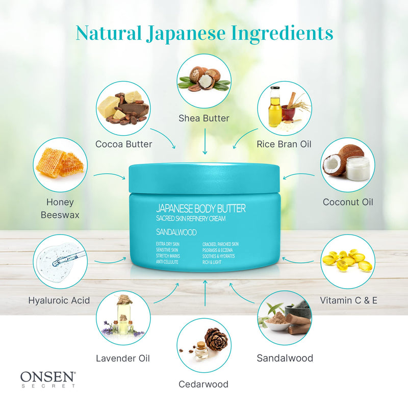 [Australia] - Onsen Japanese Body Butter for Women - Skin Refinery Cream Natural and Organic Shea Butter Moisturizing Clear Skin Exfoliator with Coconut Oil and Vitamin E - 8.6 fl oz / 255 ml (Sandalwood) Sandalwood 