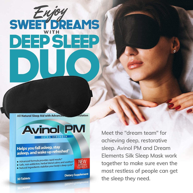 [Australia] - Avinol PM Extra Strength and Dream Elements Sleep Mask | All-in-One Natural Sleep Aid (30 ct) - 100% Pure Mulberry Silk Eye Mask (with Foam Ear Plugs & Anti Snoring Nose Clip) (2 Items) 