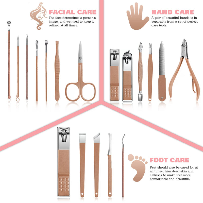 [Australia] - Manicure Set Professional Nail Clippers Kit Pedicure Care Tools With Zipped Bag For Women - 18 In 1 Grooming Tools Kit For Travel & Home（ROSE GOLD） Rose Gold-18pcs 