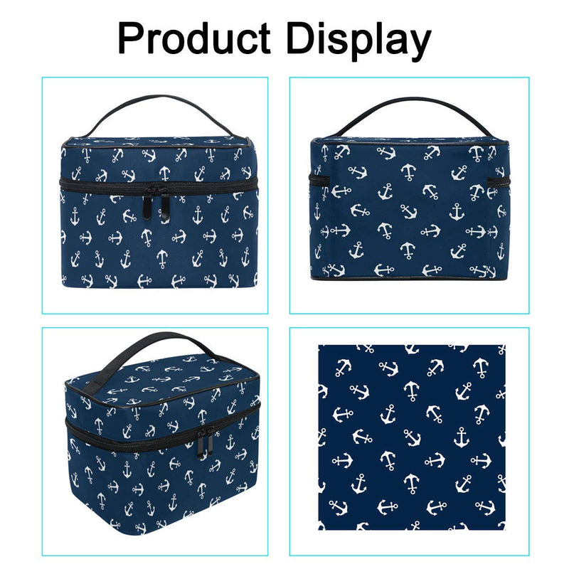 [Australia] - Nautical Anchor Makeup Bag Cosmetic Bag Toiletry Travel Brush Bag Train Case for Women marine symbol Navy Background Zip Carrying Portable Multifunctional Organizer Storage Pouch Bags Box 