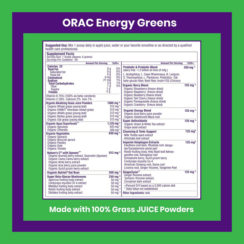 [Australia] - Paradise ORAC Energy Greens | Organic Alkalizing Grass Juice Powder Extracts | Organic Veggies and Berries, Adaptogens & Probiotics | Keto + Paleo + Vegan Friendly Green Superfoods |12.8 Ounces, 60 Servings 60 Servings (Pack of 1) 