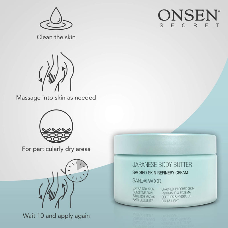 [Australia] - Onsen Japanese Body Butter for Women - Skin Refinery Cream Natural and Organic Shea Butter Moisturizing Clear Skin Exfoliator with Coconut Oil and Vitamin E - 8.6 fl oz / 255 ml (Sandalwood) Sandalwood 