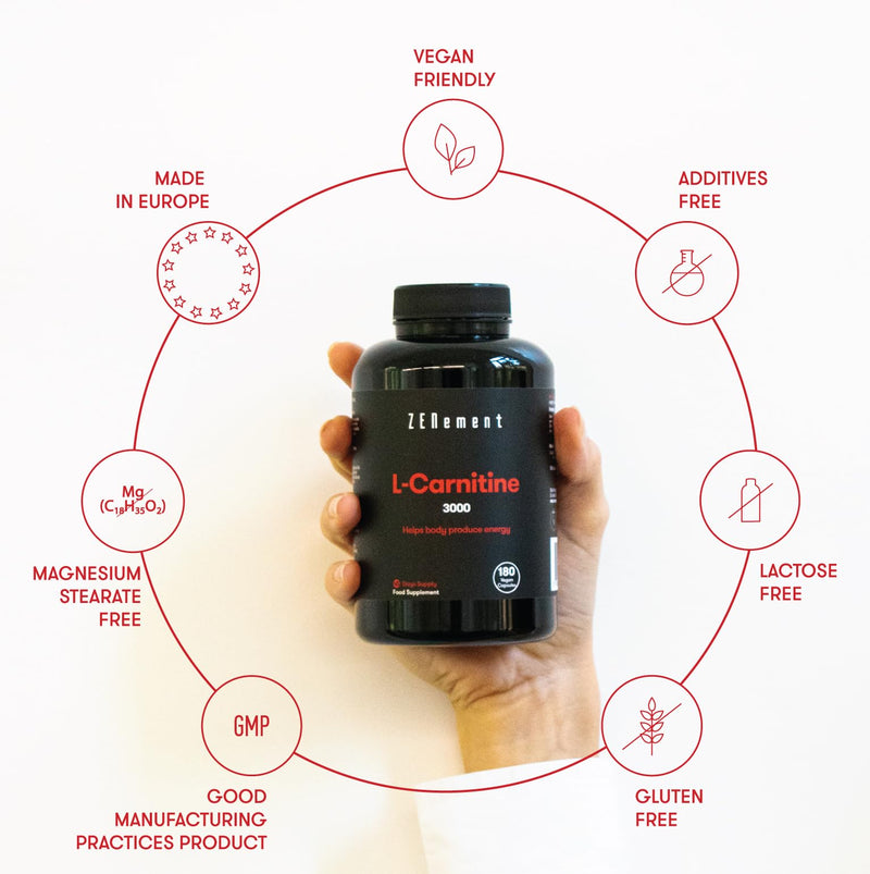 [Australia] - L-Carnitine, 3000mg per dose, 180 Capsules | Helps The Body Produce Energy | Improve Sports Performance and The Efficient Metabolization of Fat | Vegan, Gluten Free | Zenement 